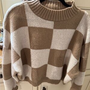 Blu Pepper Tan and White Checkered Turtleneck Sweater